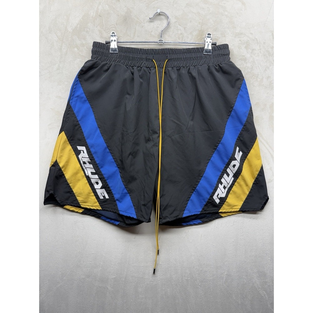 Rhude Hydro Shorts Mens Large Black Blue Yellow Spell Out Logo Swim Trunks Nylon